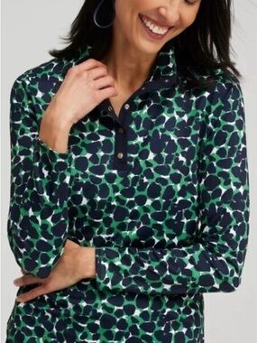 Chico's Navy and Green Abstract Snap-Front Top